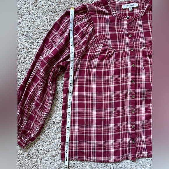 - Madewell - Maroon Plaid Long Balloon Sleeve Button-Up Peasant Blouse - Picture 3 of 5